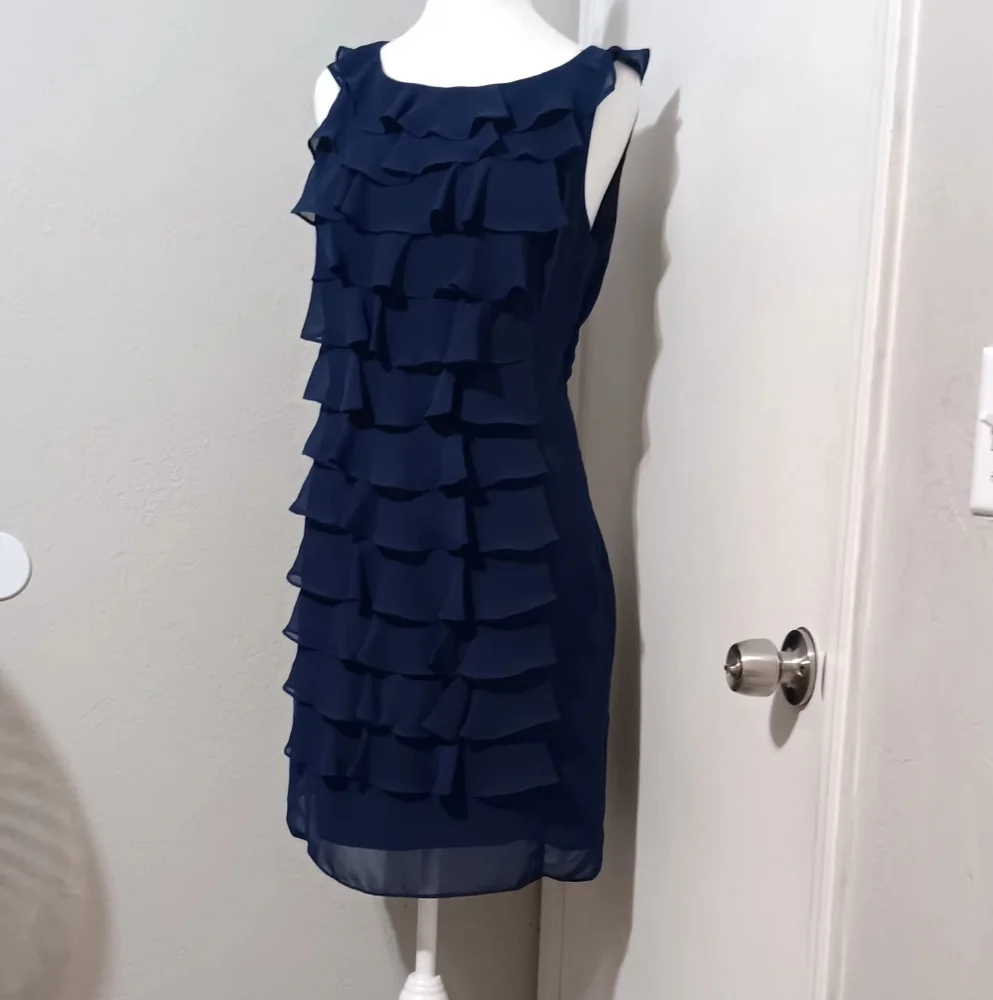 Adrianna Papell Women Ruffle Sleeveless Dress‎ Navy Blue Sz10